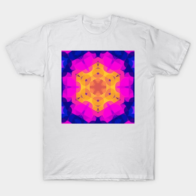 Retro Mandala Flower Yellow Pink and Blue T-Shirt by WormholeOrbital